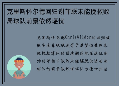 克里斯怀尔德回归谢菲联未能挽救败局球队前景依然堪忧 克里斯怀尔德回归谢菲联未能挽救败局球队前景依然堪忧