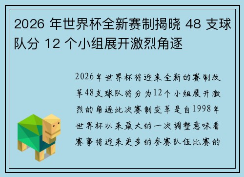 2026 年世界杯全新赛制揭晓 48 支球队分 12 个小组展开激烈角逐