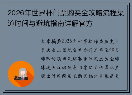 2026年世界杯门票购买全攻略流程渠道时间与避坑指南详解官方